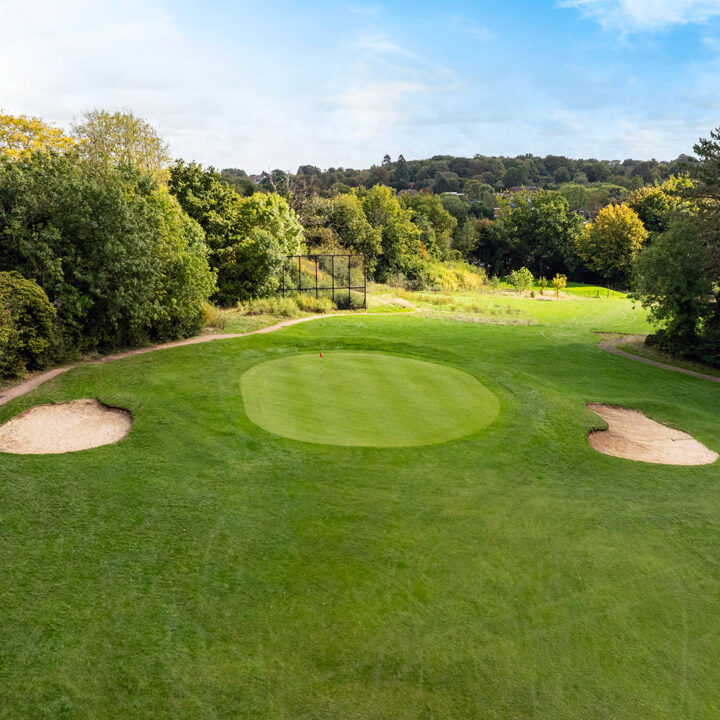A green golf course with two sand bunkers and trees in the background under a blue sky.