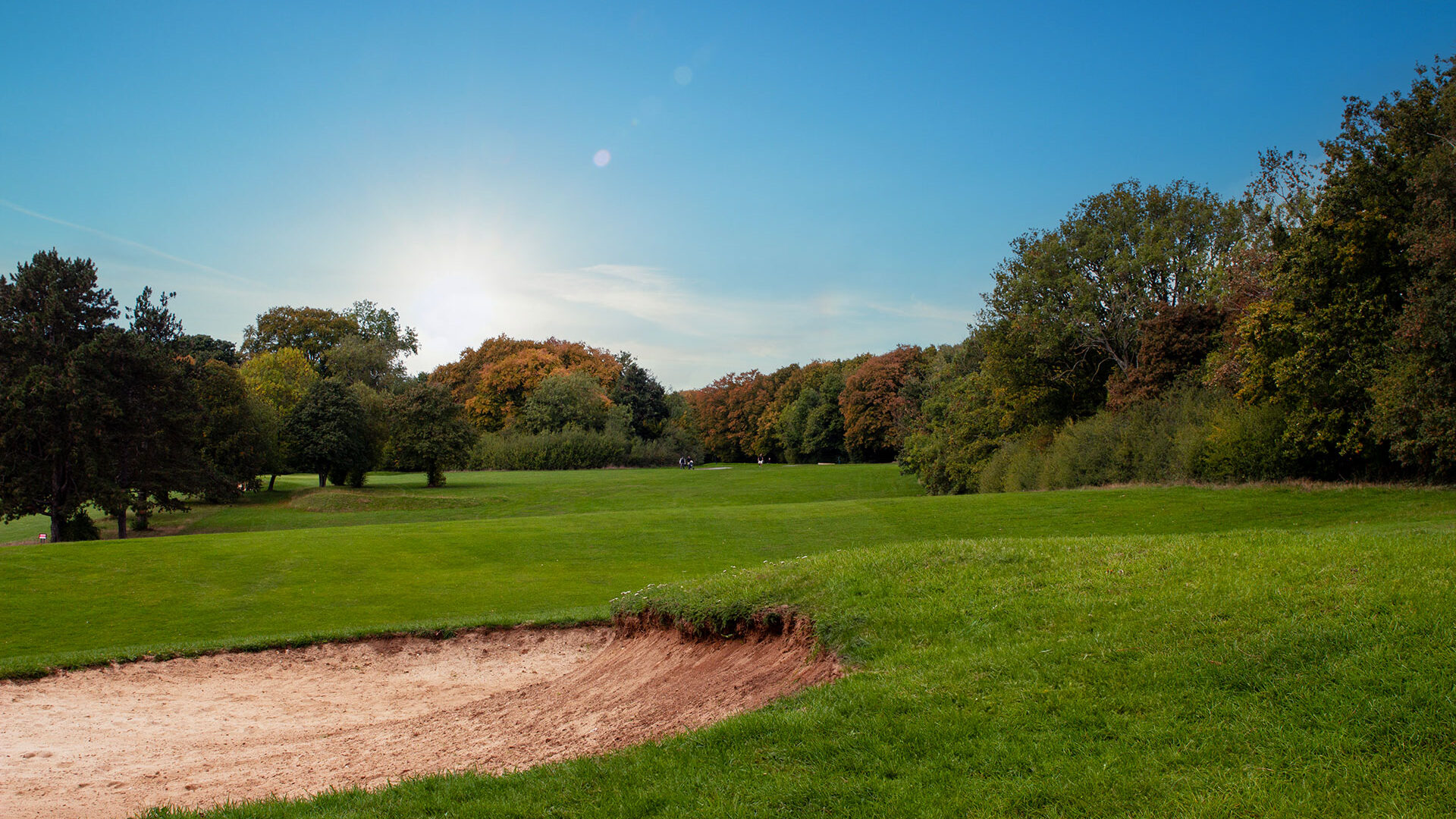 A golf course with a sand bunker, green grass, trees, and a bright sky at sunset.