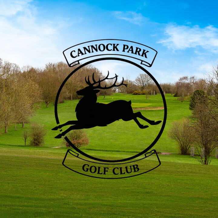Cannock Park Golf Club logo over a scenic green golf course with trees and blue sky.
